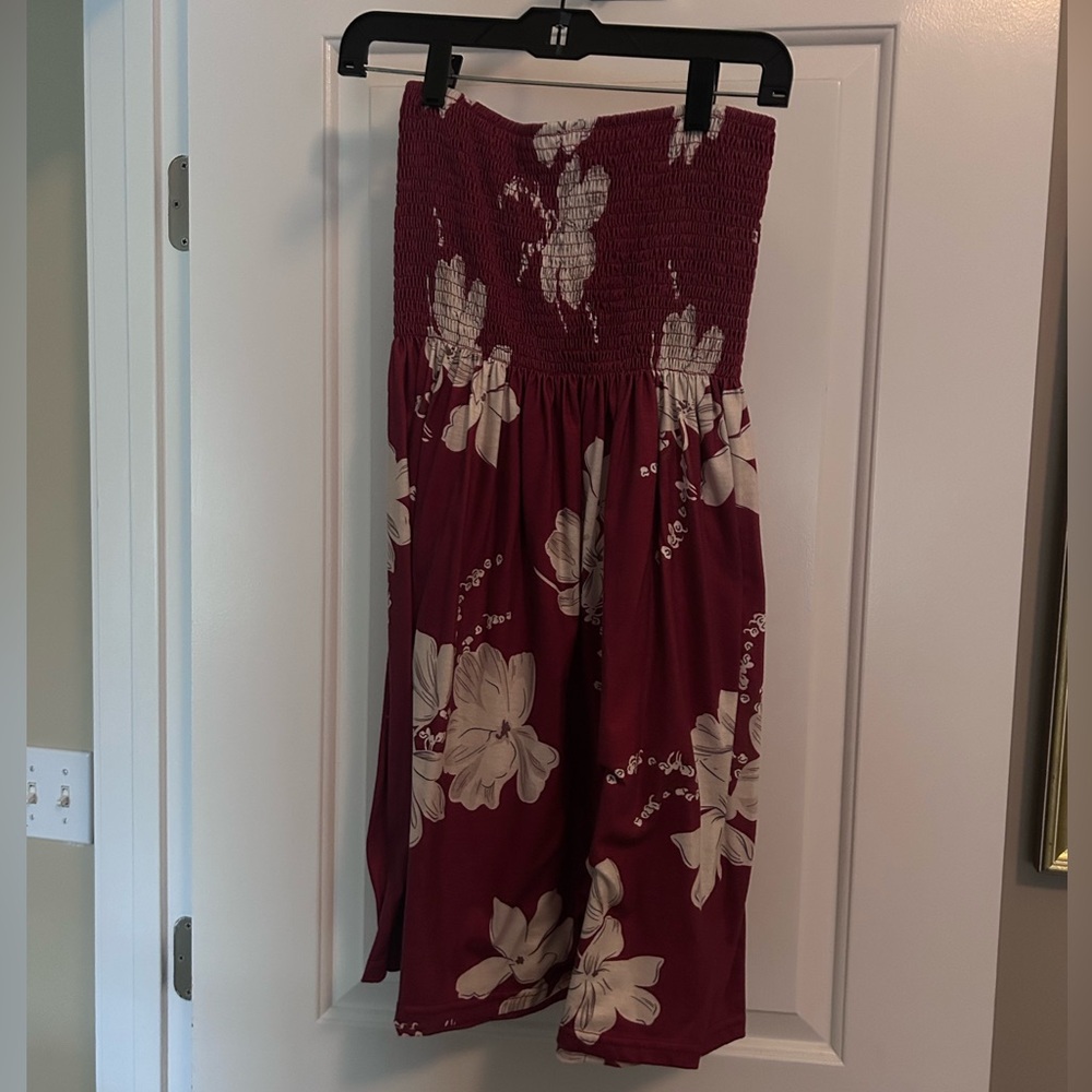 Maroon and White Smocked strapless dress